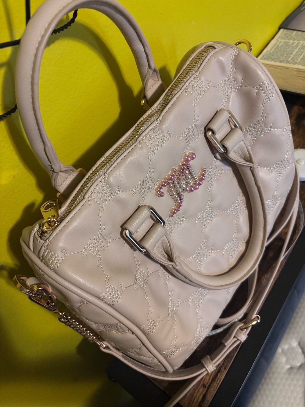 Beaded Accent Quilted Dome Satchel - Cream